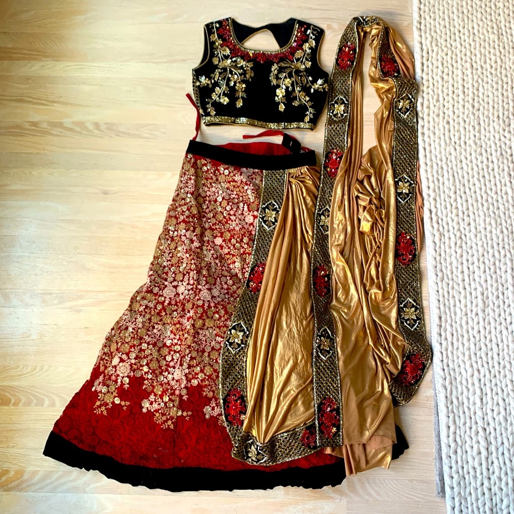 Gorgeous red and gold lengha